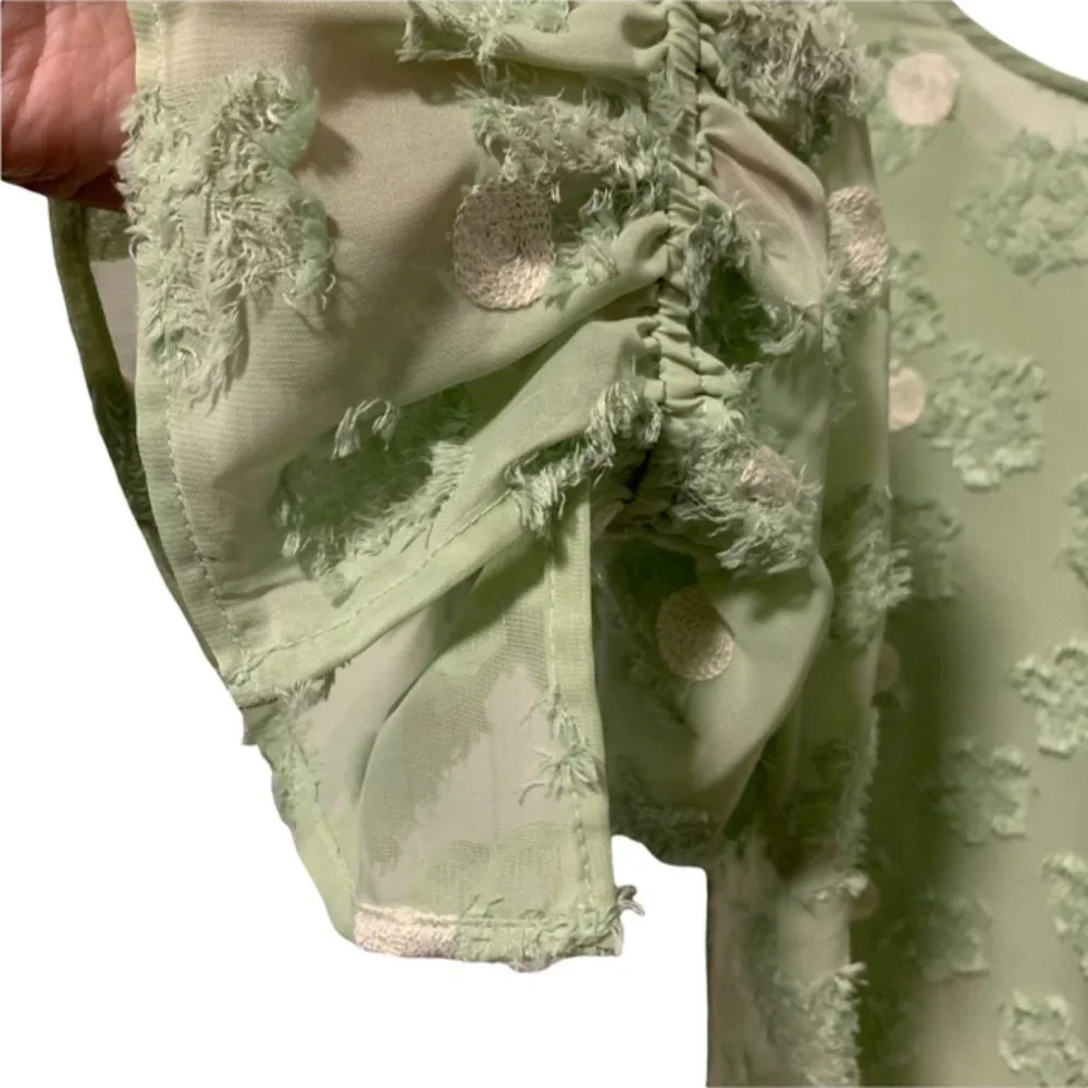 Flouncy Breezy Sheer Green Pokadot Blouse XL - Picture 2 of 6